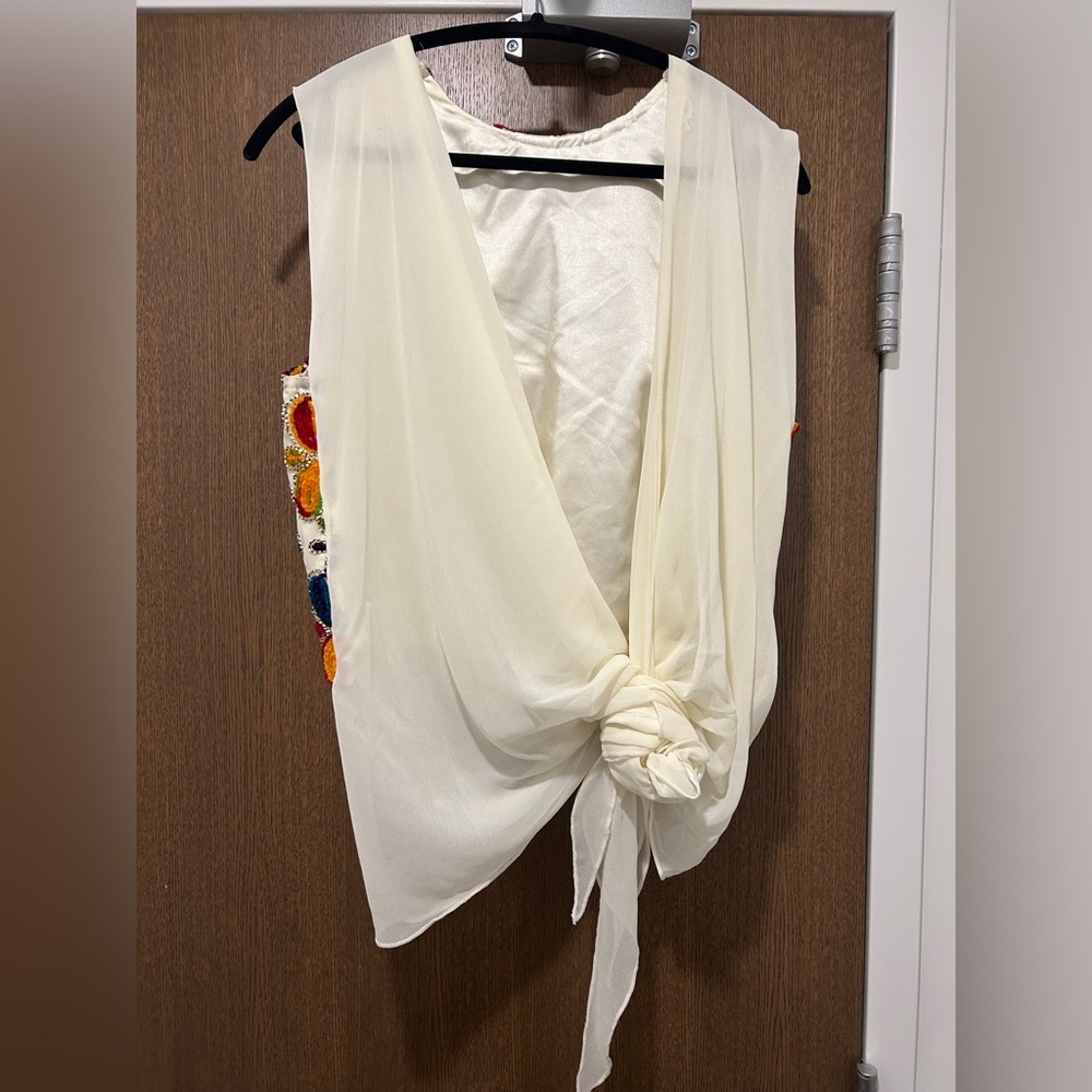Egyptian Cream Sleeveless Drape Vest with Colorful Embroidery, O/S